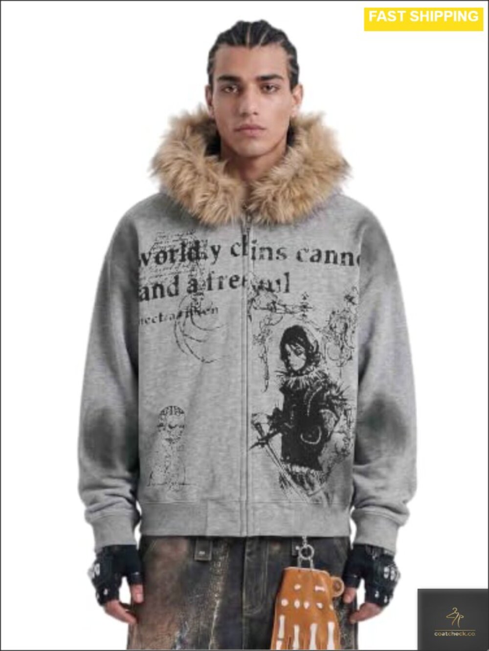 Cotton Blend Zip Up Graphic Hoodie Long Sleeve Y2K Streetwear